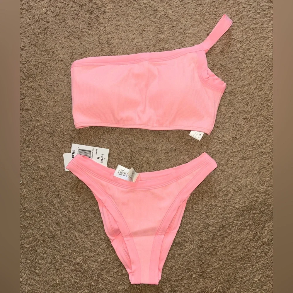 l*space Pink One-Shoulder Ribbed Bikini Set